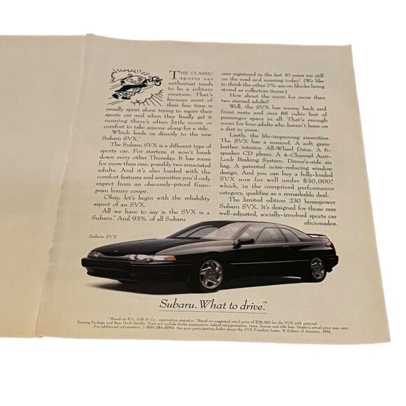 Subaru SVX Car 1992 VTG 2 Pg Print Ad Original Man Cave Garage Decor 12k Made - Picture 4 of 7